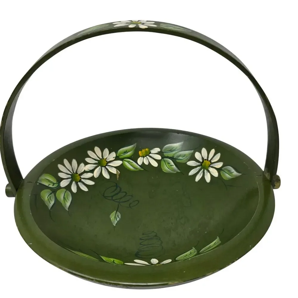 Vintage Hand Painted Wood Basket Green Daisy Folk Art Swing Handle
